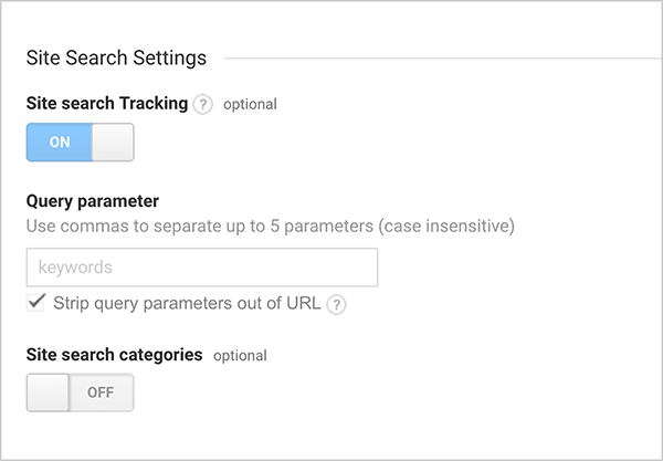 Ez egy képernyőkép a Google Analytics webhelykeresési beállításainak lehetőségeiről. A Site Search Tracking beállítás be van kapcsolva. A beállításokban lehetőség van a lekérdezési paraméter megadására és a Site Search kategóriák be- vagy kikapcsolására is.