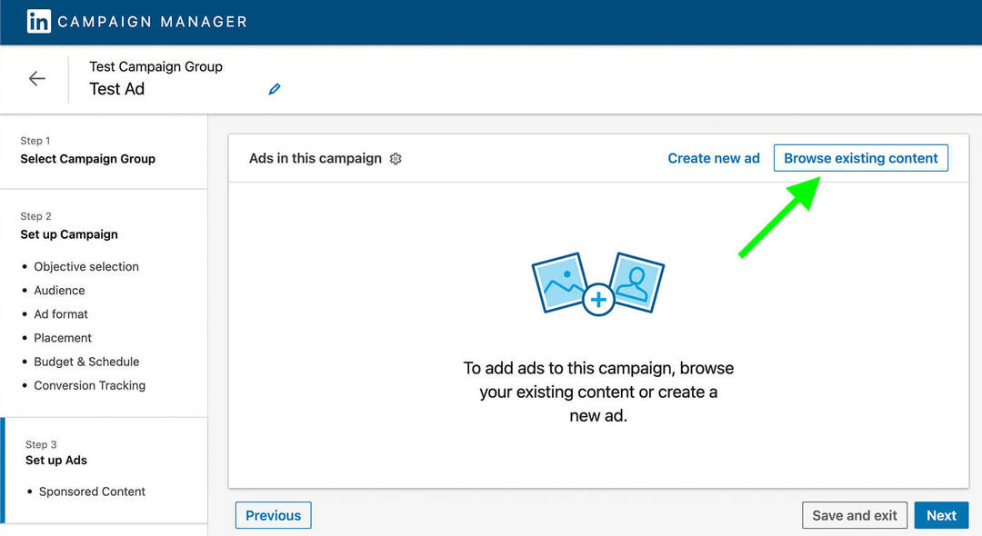 hirdetési-kampányok-hogyan-használjunk-a-social-proof-in-linkedin-ads-browse-existing-content-campaign-manager-example-12