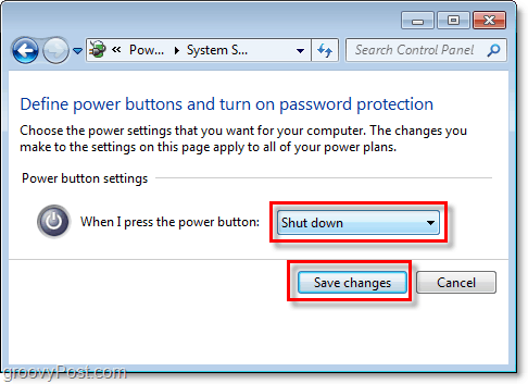 állítsa be a Windows 7 leállítási gombjának működését, kattintson a módosítások mentése gombra a befejezéshez