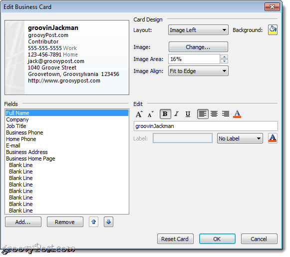 Névjegykártya szerkesztése az Outlook 2010 programban