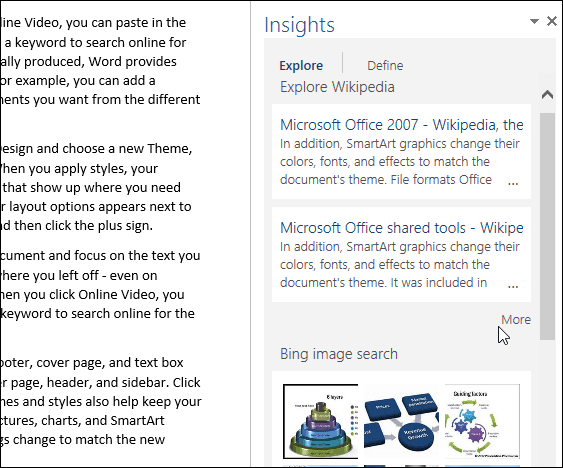 A Bing-alapú intelligens keresési szolgáltatás használata az Office 2016 alkalmazásban