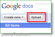 A Google Docs képernyőképe - feltöltés gomb