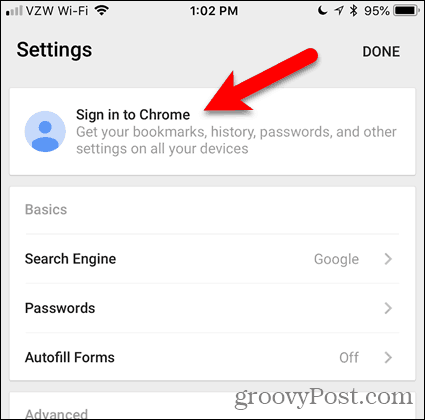 Érintse meg a Bejelentkezés a Chrome-ba iOS rendszeren