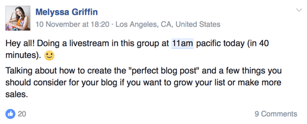 Melyssa Griffin vállalkozó tudatja közönségével, mikor él a Facebookon.