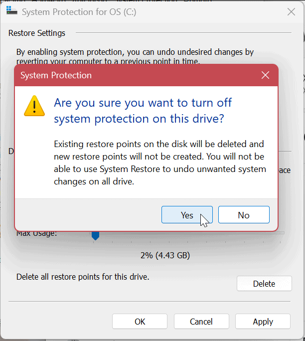 Rendszervédelem meghajtókhoz Windows 11 rendszeren