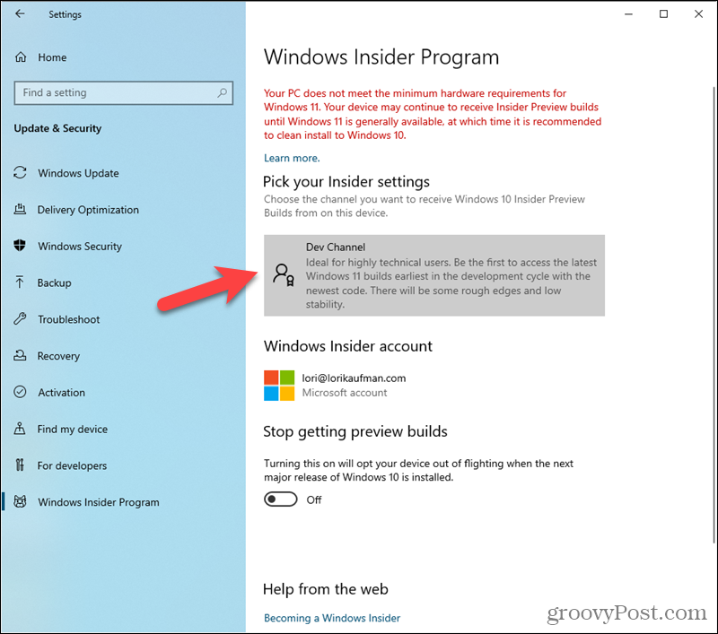 Fejlesztői csatorna beállítva a Windows Insider program beállításaiban