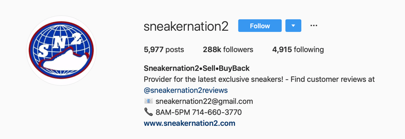 elsődleges Instagram-fiók a SneakerNation2 számára