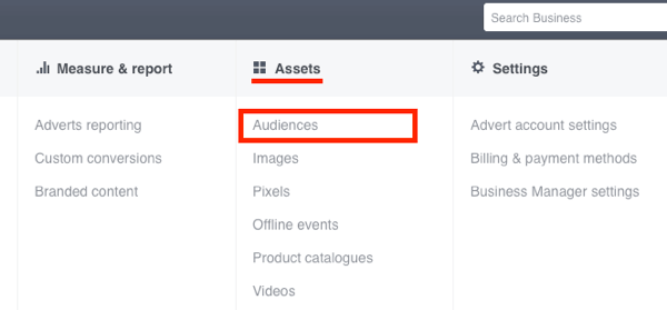 A Facebook Ads Manager alkalmazásban kattintson a Közönség elemre az Eszközök oszlopban.