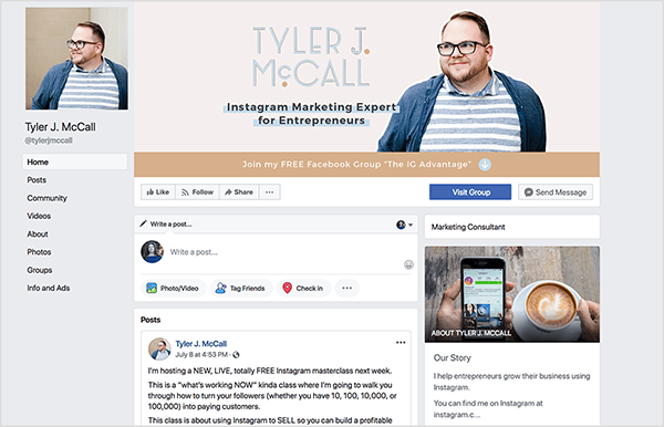 Tyler J. McCall Facebook-oldalán Tyler fotója van szemüvegben és csíkos ingben. Címlapfotóján látható egy hasonló fotó Tylerről, amelynek szövege „Tyler J. McCall, az Instagram marketing szakértője a vállalkozók számára. Ez alatt egy barnás sávon fehér szöveg mondja: „Csatlakozzon az INGYENES Facebook-csoporthoz, az IG előnyhöz”, és egy lefelé mutató nyíl jelenik meg a szöveg végén.