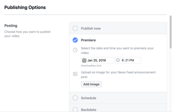 A Facebook Premiere beállításának módja, 5. lépés, a publikáció ütemezésének beállításai