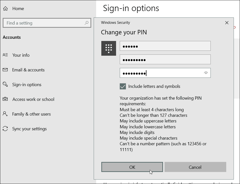 Különleges karakter PIN-kódra vonatkozó követelmények Windows 10
