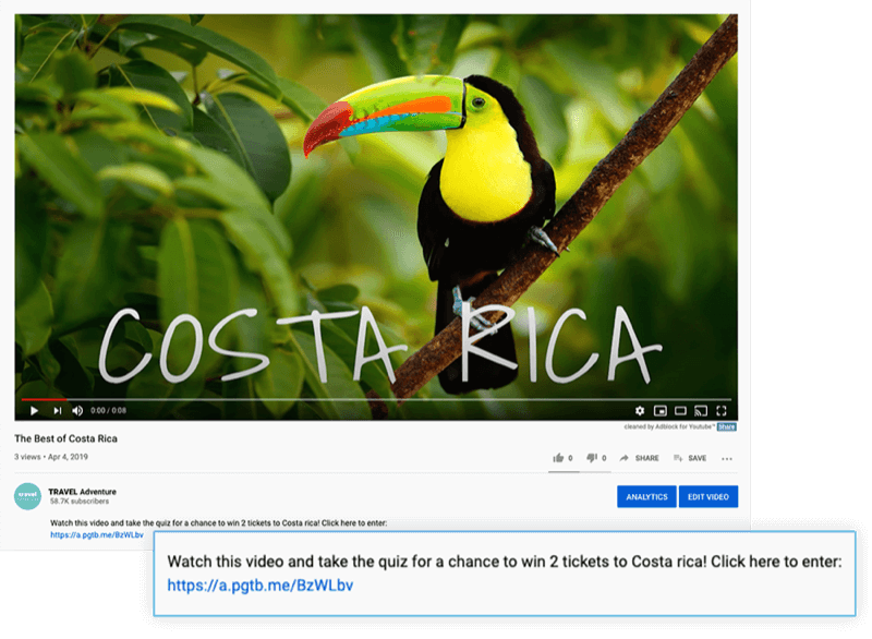 kiemelt youtube videóleírás ajánlattal a videó megtekintésére és a vetélkedőre, hogy esélyt nyerj 2 jegyre Costa Ricába