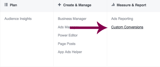 Keresse meg az egyéni konverziókat a Facebook Ads Manager-ben.