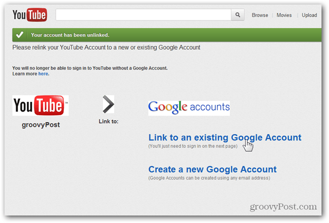 Összekapcsol egy YouTube-fiókot egy új Google-fiókkal - Kattintson a Meglévő fiók linkje linkre