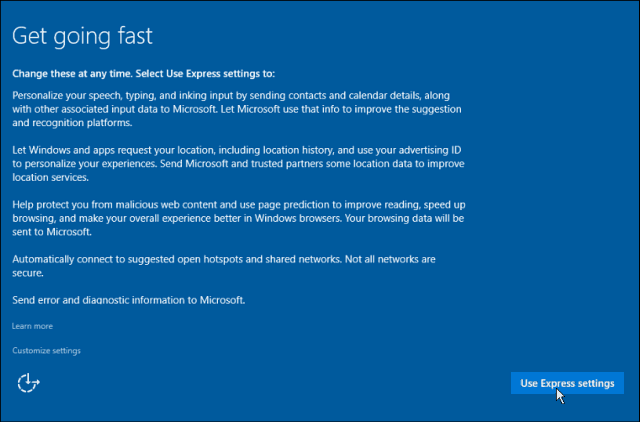 Expressz beállítások Windows 10