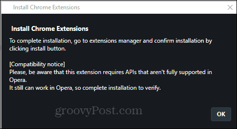Az Opera telepítése megerősítse a Chrome kiterjesztés telepítését