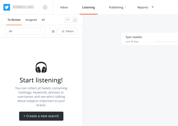 Az Agorapulse használata a közösségi média hallgatásához, 2. lépés: hozzon létre új keresést a hallgatás fülön.