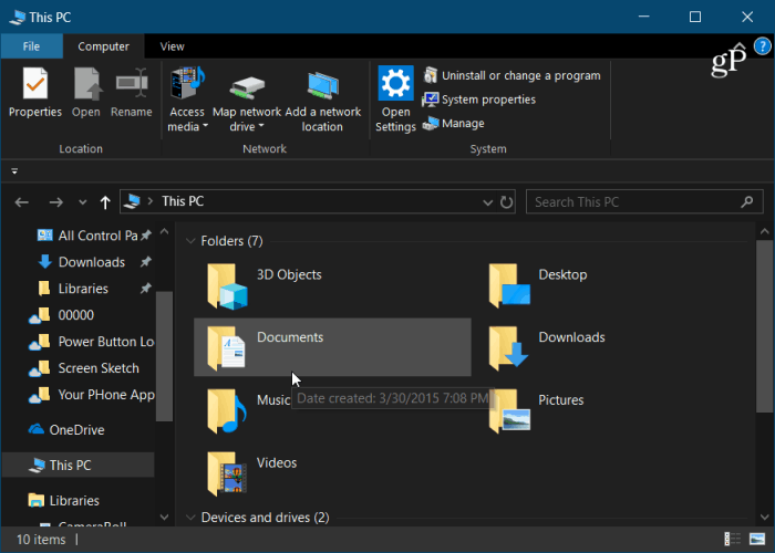 Windows 10 File Explorer sötét mód