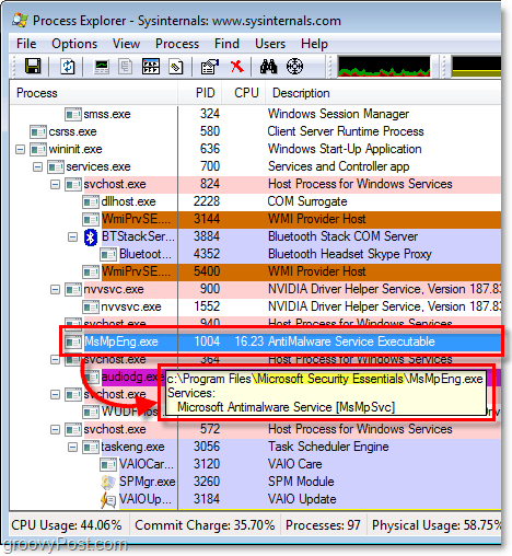 msmpeng.exe a Windows 7 process explorer programban