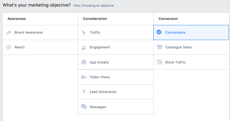 opció a facebook hirdetések kezelőjében a konverziók marketing célként történő kiválasztásához
