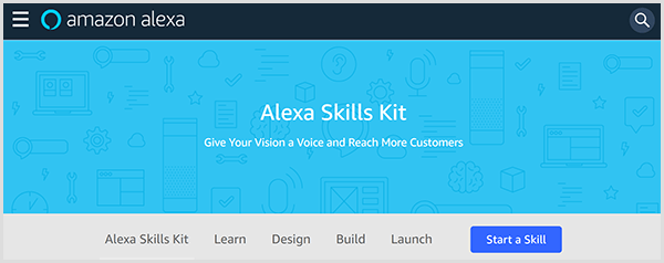 Az Amazon Alexa Skills Kit weboldal bemutatja az eszközt, és füleket tartalmaz, ahol megtanulhatja, megtervezheti, felépítheti és elindíthatja az Alexa készségeit. 