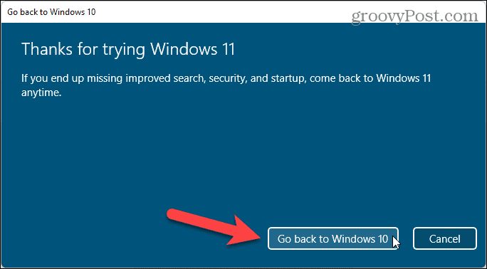 Kattintson a Vissza a Windows 10 rendszerre elemre