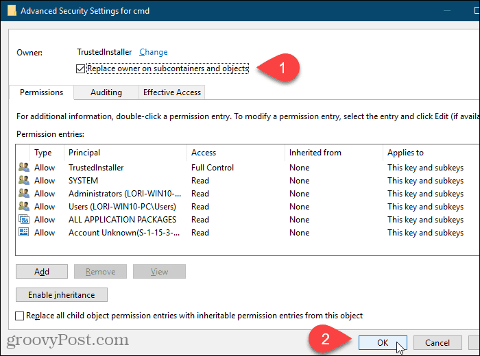 Jelölje be a Tulajdonos cseréje az alkonténerekben és az objektumokban négyzetet a Speciális biztonsági beállítások párbeszédpanelen a Windows beállításjegyzék-szerkesztőben
