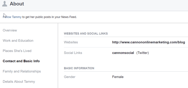 Személyes Facebook-profiljának Névjegy szakaszában ossza meg üzleti webhelyét és linkjeit azokra a közösségi platformokra, ahol a vállalkozása aktív.