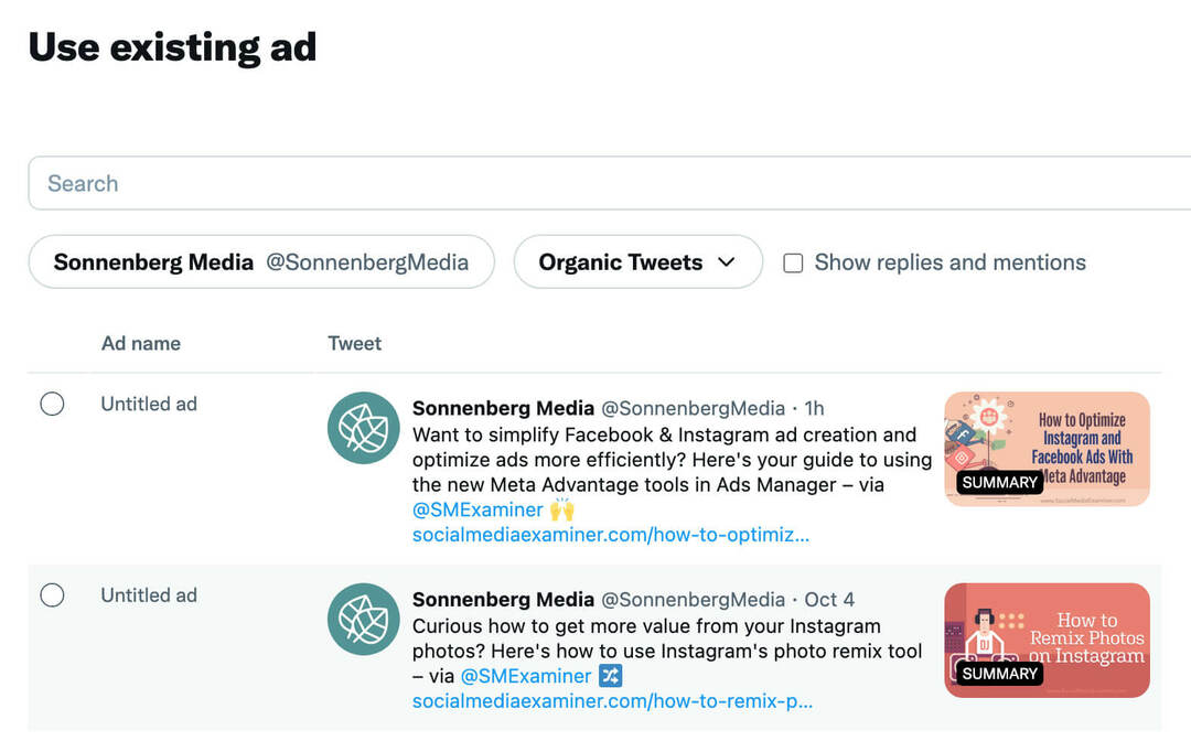 hogyan kell méretezni a Twitter-hirdetéseket a célközönség kibővítésével-frissítse-a-kreatív-elemeit-organikus-tweeteket-add-hoz-ad-to-ad-group-example-21