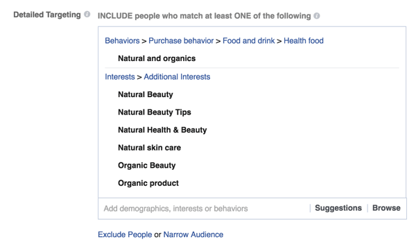 példa a facebook hirdetés részletes célzási lehetőségeire