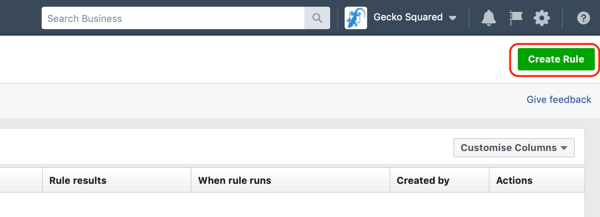 Használja a Facebook automatizált szabályait, keresse meg a szabályokat a Facebook Ads Manager 3. lépésében, és hozzon létre szabálygombot