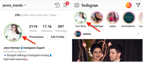 Zöld kör indikátor az Instagram-profilképedhez, ha megosztottál egy történetet a Közeli barátok listáddal.