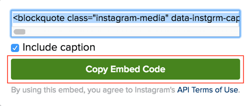 Kattintson a zöld gombra az Instagram beágyazási kód másolásához.