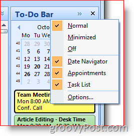 Outlook 2007 To-Do Bar – Kattintson jobb gombbal a beállítások kiválasztásához