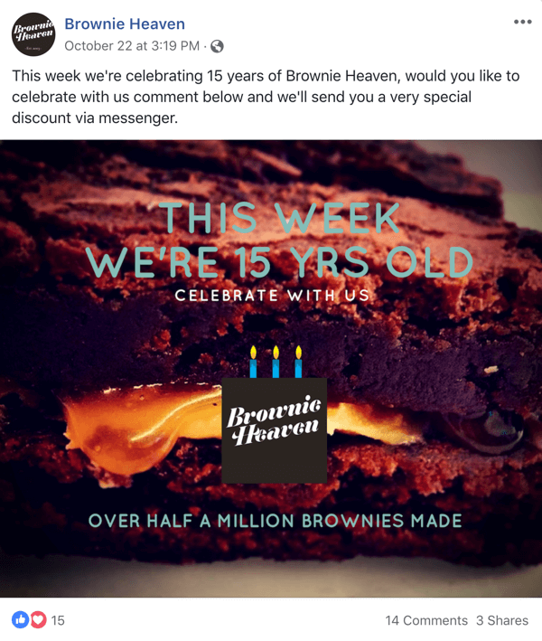 Példa a Facebook-bejegyzésre a Brownie Heaven ajánlatával.