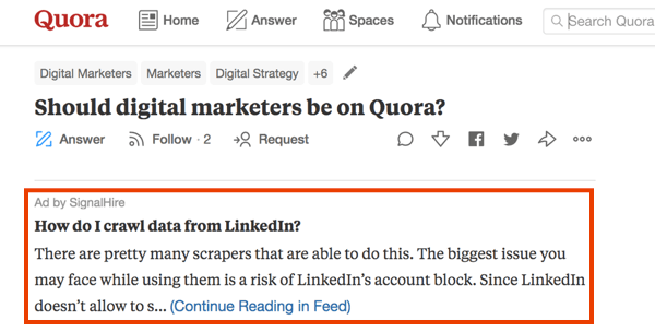 Példa fizetett hirdetéssel történő marketingre a Quorán.