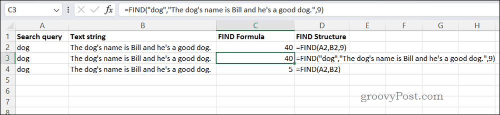 Példa FIND képlet Excelben