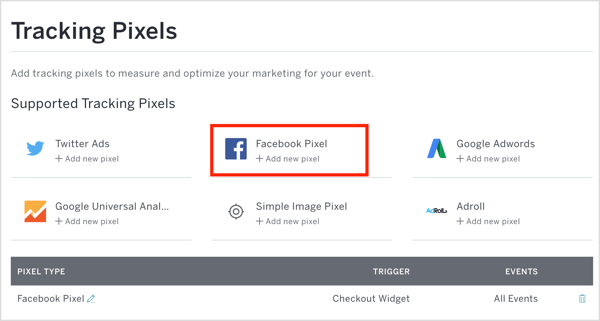 Az Eventbrite alkalmazásban kattintson a Facebook Pixel elemre, és adja meg a pixel azonosítóját és egyéb részleteket.