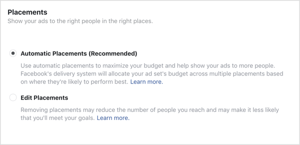 Automatikus elhelyezések opció kiválasztva a Facebook-kampányhoz