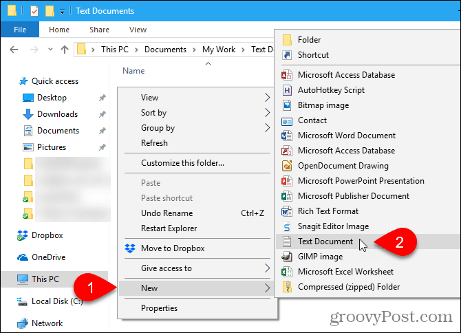 Lépjen az Új> Szövegdokumentum elemre a Windows File Explorerben
