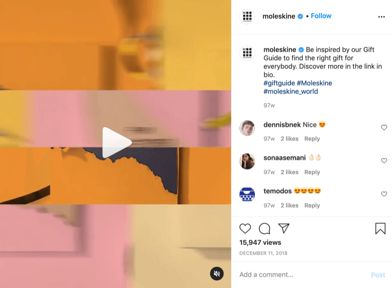 példa egy Instagram ajándék-ötlet videó bejegyzésre a @moleskine-től, cselekvésre ösztönzéssel, amely a nézőket a bioban található linkre irányítja
