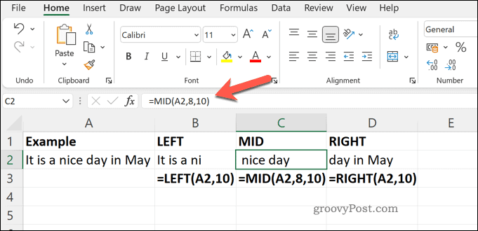 Példa a MID RIGHT és LEFT függvényekre az Excelben