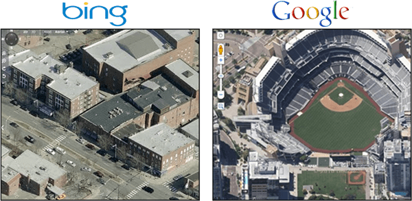 Google Maps felülről 45 fokos nézet Vs. Bing Birds Eye