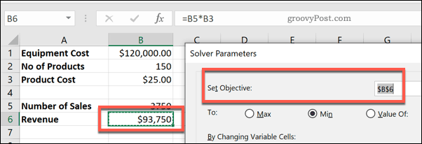 Az Objective Set cell a Solver for Excel alkalmazáshoz