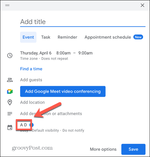 A Google Naptár eseménynaptár beállításának képernyőképe