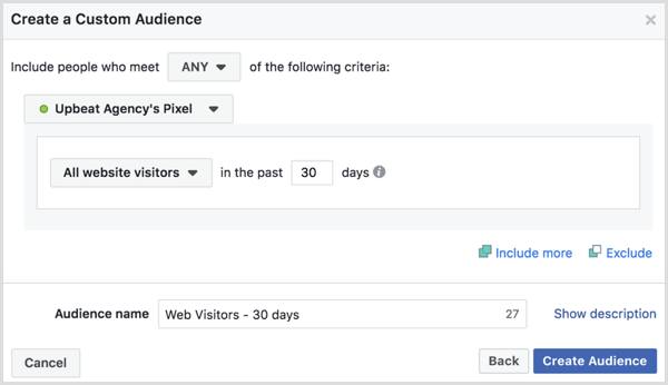 Válassza ki a lehetőségeket, hogy az elmúlt 30 napban az összes webhelylátogató Facebook egyéni közönségét hozza létre