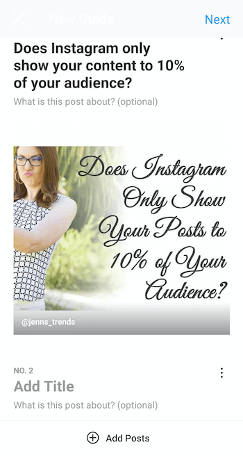 példa hozzon létre új instagram útmutatót a kiválasztott bejegyzéssel és 'címmel' az instagram csak a tartalom a közönség 10% -ához ”, valamint az útmutató leírása és további lehetőségek hozzászólások