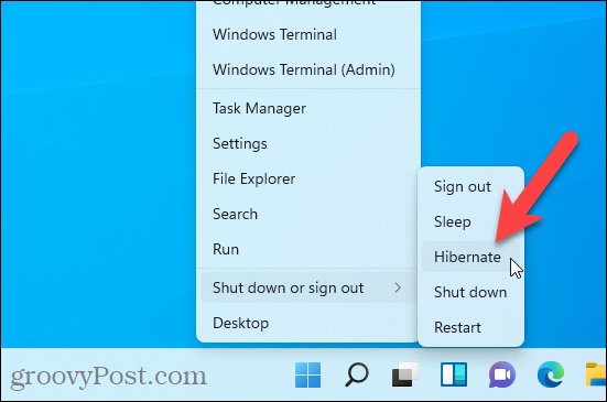Hibernálás opció elérhető a Windows 11 Windows + X menüjében