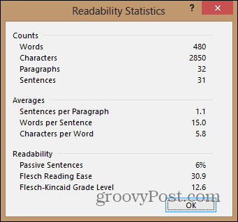 A word 2013 olvashatósági dokumentum statisztikája