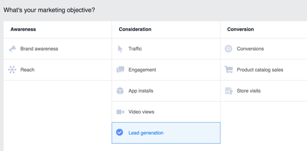Válassza a Lead Generation elemet a Facebook-kampány célkitűzésének.